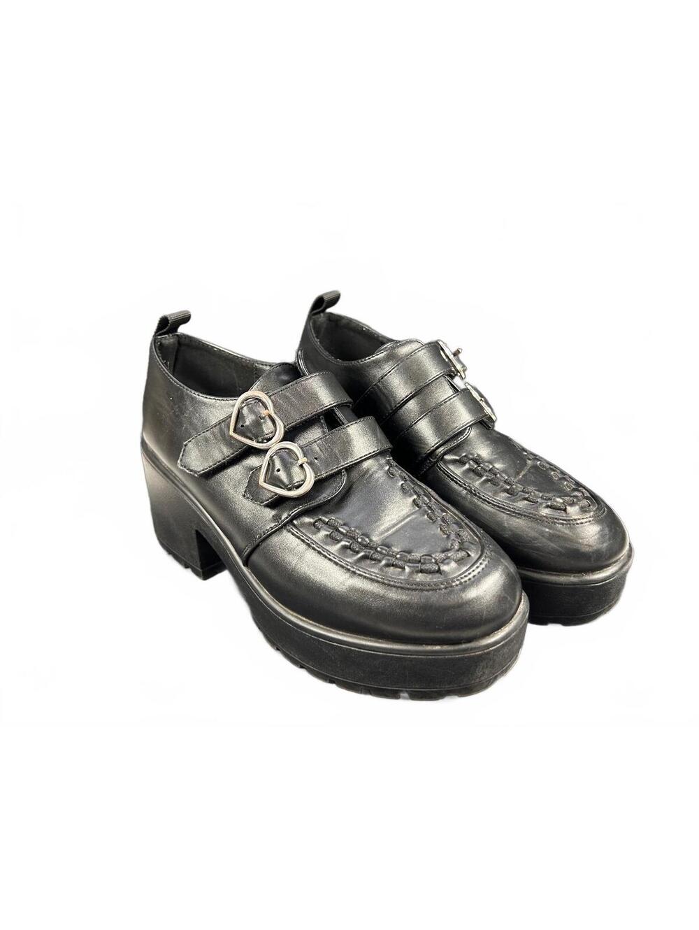 Koi Footwear "Iago" Black Platform Creeper Oxfords Heart Buckles Size 7